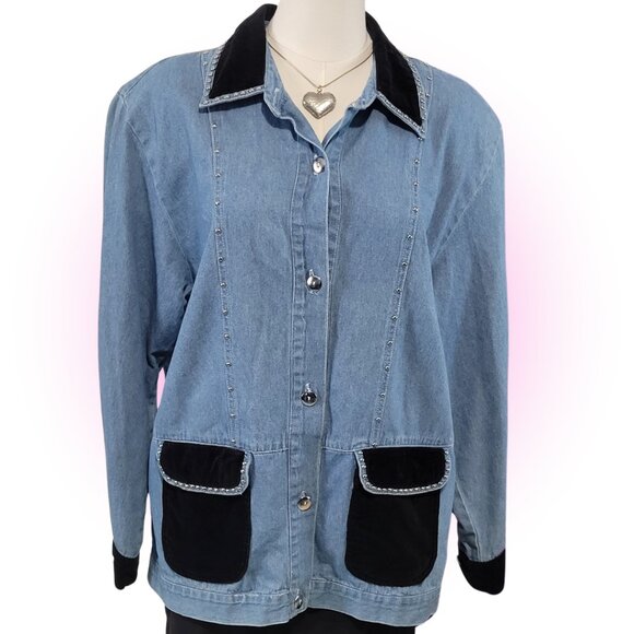 AT EASE Tops - VTG AT EASE COTTON DENIM STUDDED EMBELLISHED VELVET TOP BLOUSE EUC L